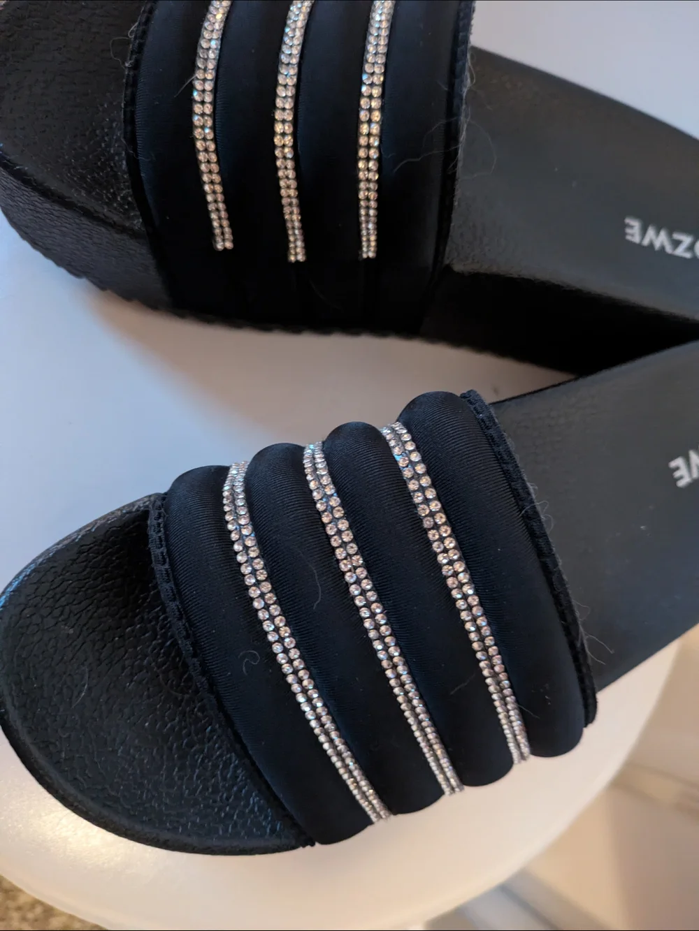 Like New Black Platform Slide Sandals with Rhinestone Straps